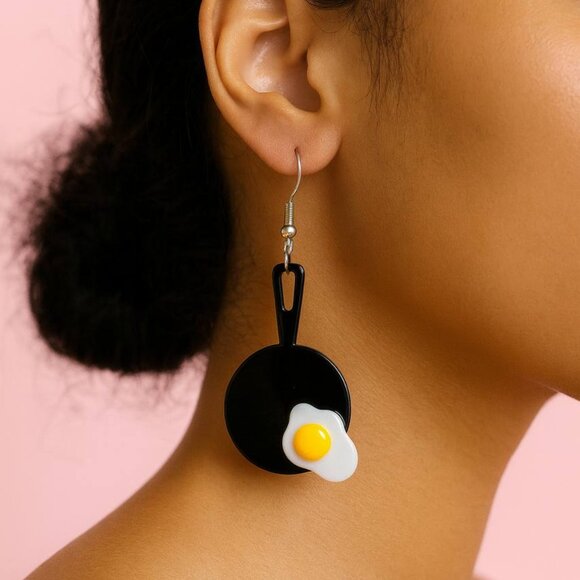 Fried Egg Pan Earrings | Cute Breakfast Statement Jewelry - Picture 2 of 4